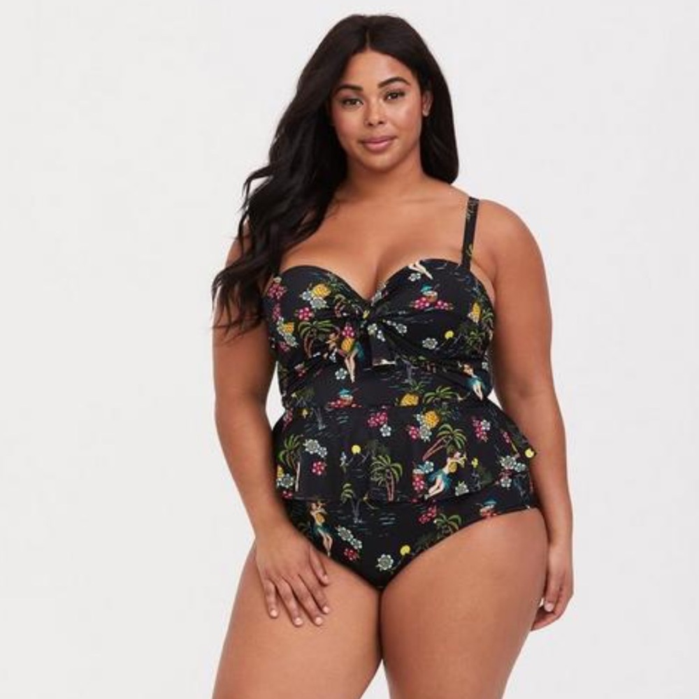 Torrid Black Hula Girl Tie Front Underwire Tankini Top & Bottom Brief